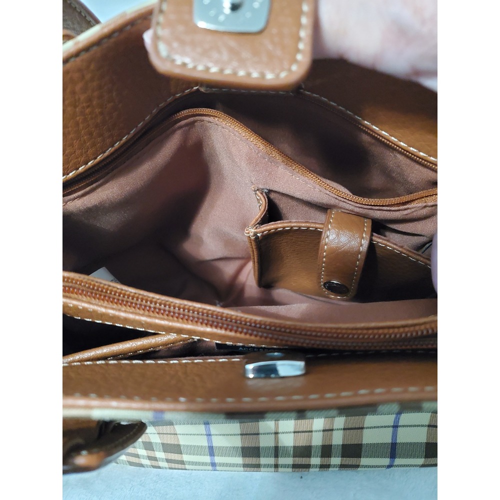 Liz Claiborne Plaid Shoulder Bag Brown Tan Purple Buckle Strap Handbag - Picture 9 of 13
